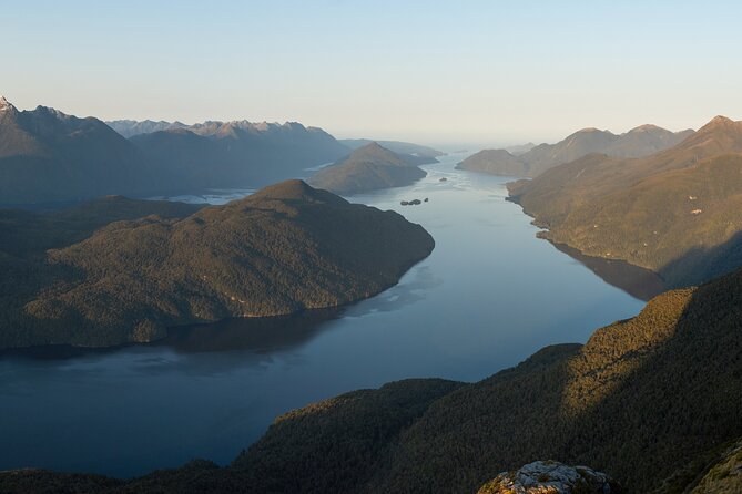 The arms of a fiord winding between forested ridges, seen from the air