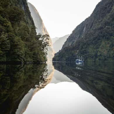 Forested walls reflected in a mirror-still fiord arm, a boat far off